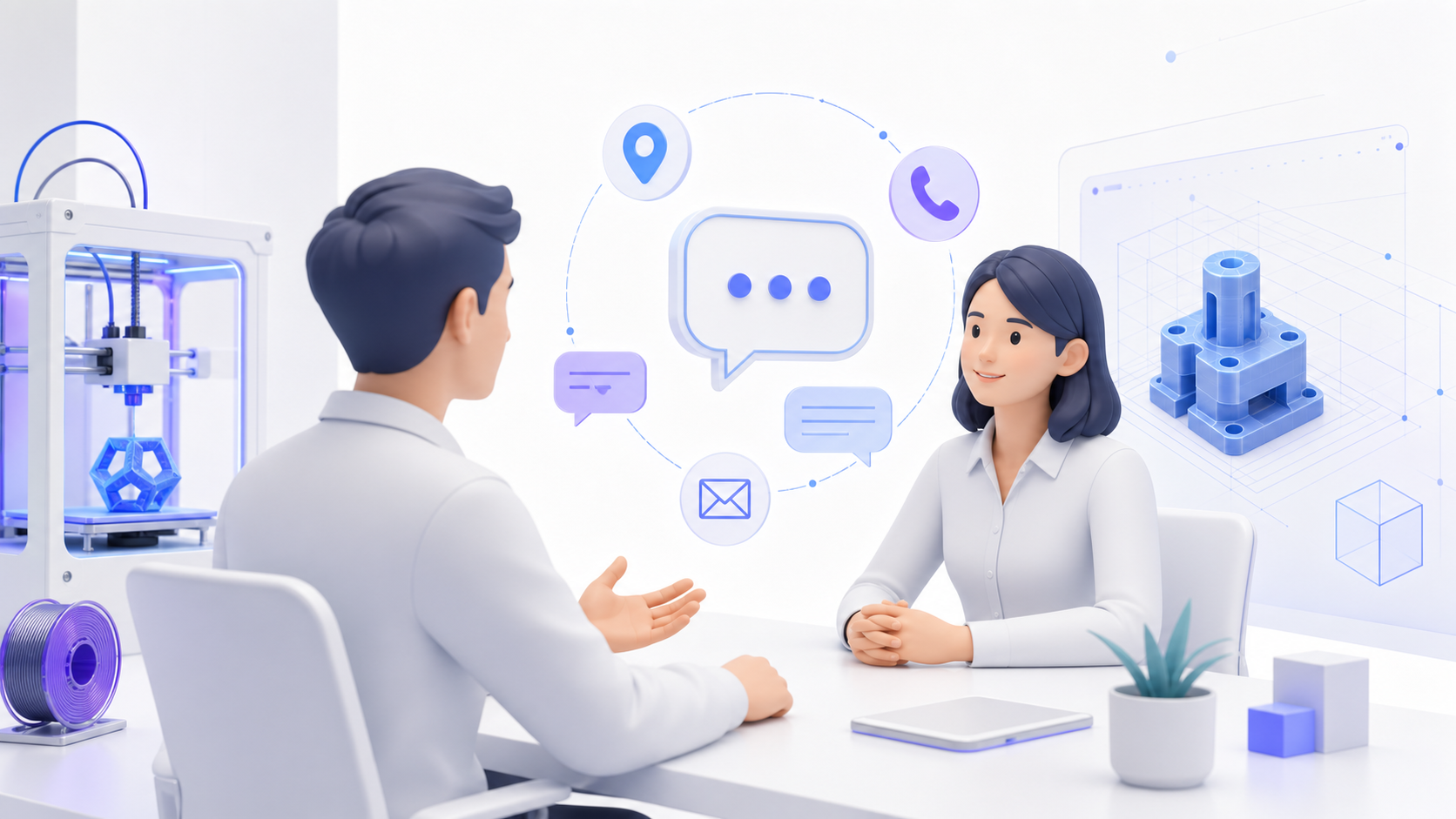 3D printing consultation illustration with contact icons
